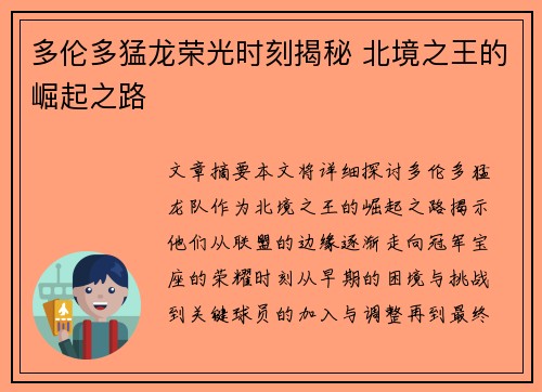 多伦多猛龙荣光时刻揭秘 北境之王的崛起之路